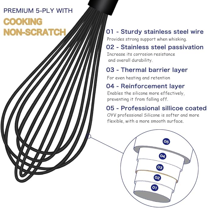 OYV Dishwasher Safe Silicone Whisk, Sealed Waterproof Design Set of 3, Professional Kitchen Whisks for Cooking Non-Scratch, Silicone & Stainless Steel Whisk, Heat Resistant Balloon Egg Beater, Black
