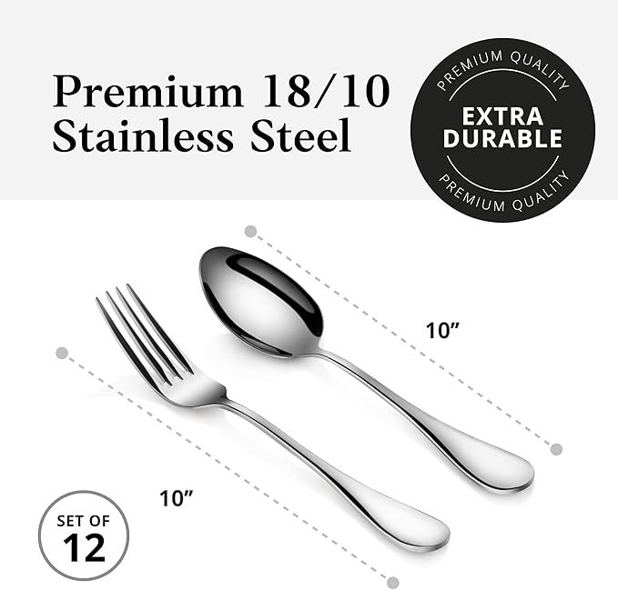 Artaste 56426 Rain 18/10 Stainless Steel Large Serving Spoons and Forks Set, 6 of Each, 12 Pieces, Silver