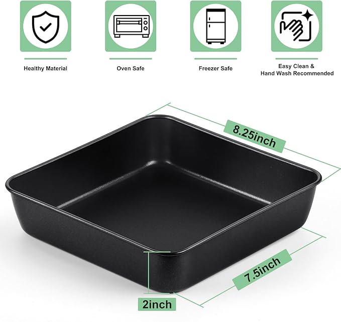 TeamFar 8x8 Inch Square Baking Pans, Coated Square Cake Brownie Lasagna Pan