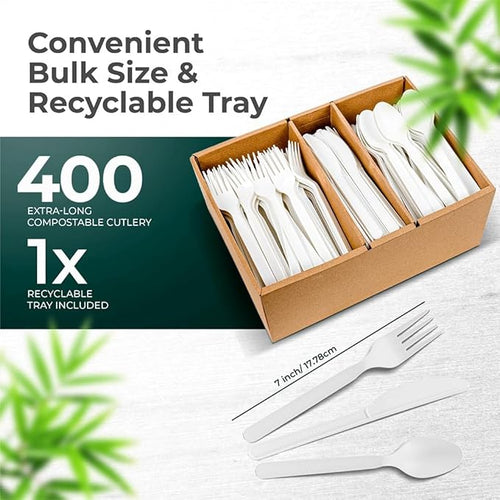 100% Compostable Forks Spoons Knives Cutlery 400 Count 7Inch Heat Resistant Eco Friendly Disposable Cutlery Biodegradable Silverware Alternative to Plastic Compostable Utensils Bulk In Convenient Tray