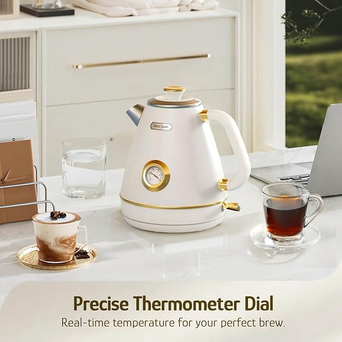 Hazel Quinn Retro Electric Kettle, 1.7 Liters with Thermometer, Pearl White