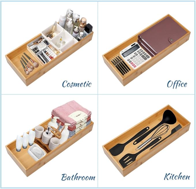 PRATIQUE Bamboo Drawer Organizer - Kitchen Utensil Organizer Silverware Tray Cutlery Holder，Office Desk Supplies and Accessories (15X5.9X2.6 inch)