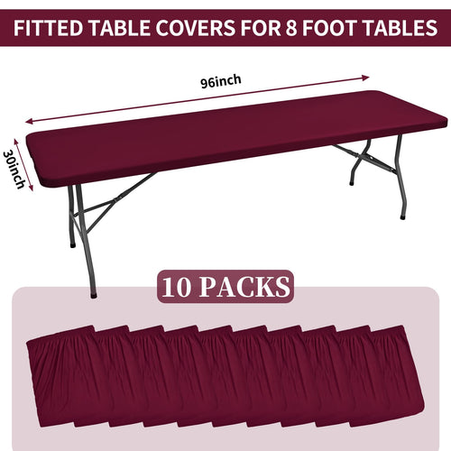 10 Pack Fitted Tablecloth for 8 Foot Rectangle Tables, Wine Red Elastic Outdoor Picnic Table Cover, Washable Stretch Folding Table Cloths 8 ft for Camping Party Patio Kitchen Banquet, 30" W x 96" L