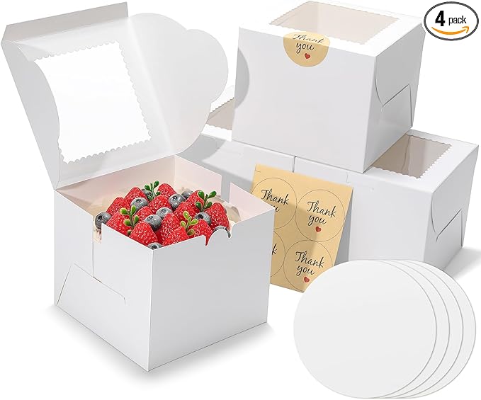 EQOREIIN 4Pack 6 inch Small Cake Boxes with Cake Board and Stickers