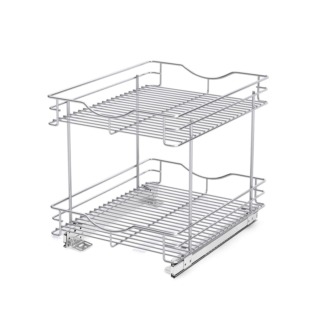FULGENTE Chrome Finish Pull Out Drawer Cabinet Organizer 2 Tier (14" W X 18" D) Sliding Drawers For Kitchen Cabinets Cookware Organizer Drawer For Cabinet Slide Out Shelves