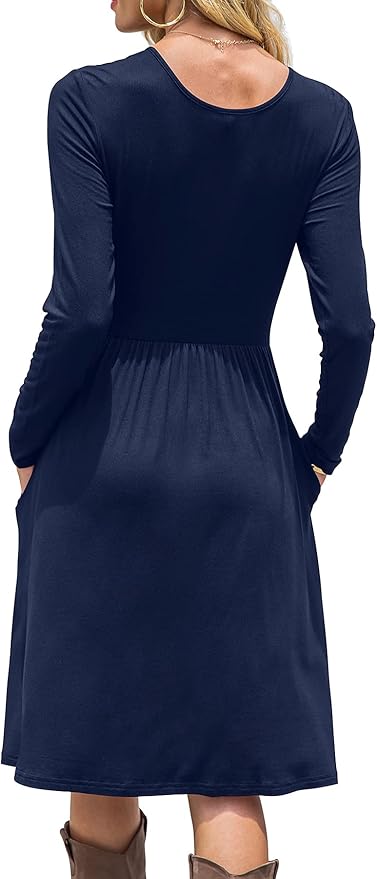 DB MOON Women Casual Long Sleeve Dresses Empire Waist Loose Dress with Pockets (Navy Blue, S)