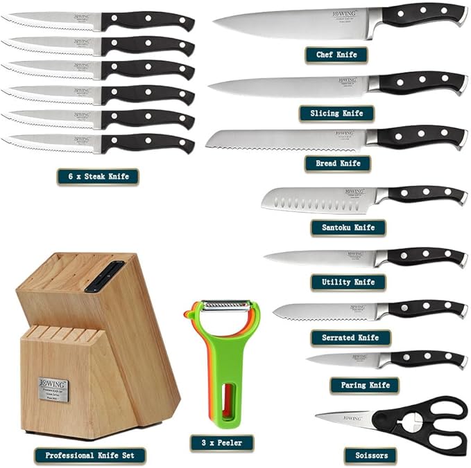 18-Piece Kitchen Chef's Knife Set Block Utensils Set with Peeler, German High Carbon Stainless Steel Razor-Sharp Blade with Ergonomic Handle, Professional Knife Block Set with Built-in Sharpener