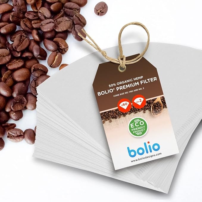 Bolio Premium Hemp White Paper Cone Coffee Filters - Peroxide Whitened - Compatible with V60 and All No.2 Size Pour Over Drippers - (Pack of 100)