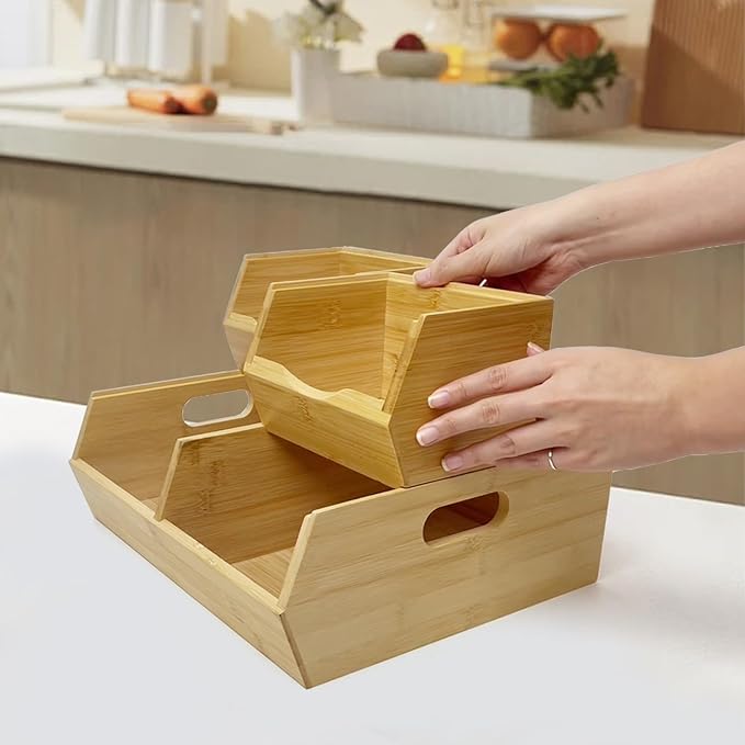 MinBoo Bamboo Stackable Pantry Storage Bins Potato and Onion Storage,Fruit Basket for Pantry Organization,Fruit Bowl for Kitchen Counter,Fruit and Vegetable Storage (Bamboo)