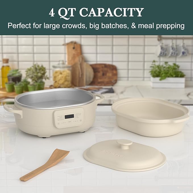 4 Quart Claypot Slow Cooker with Flexible Easy Programming, 8-in-1 Multi Cooker, Removable Crock, Nonstick, Oven Safe Pot to 450°F, Oatmeal