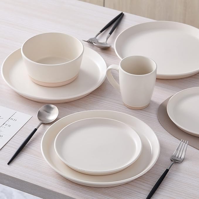 Stone Lain Jules Stoneware 16-Piece Dinnerware Set, Plates and Bowls, Service for 4, Off White, Microwave & Dishwasher Safe