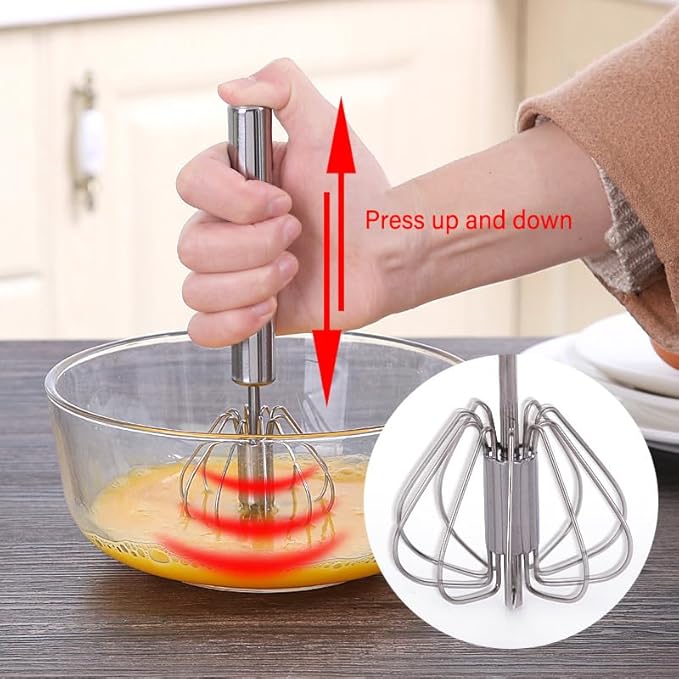 2 PCS Stainless Steel Semi-Automatic Whisk, Hand Push Rotary Whisk Blender, Versatile Milk Frother for Blending, Whisking, Stirring (12 Inch)