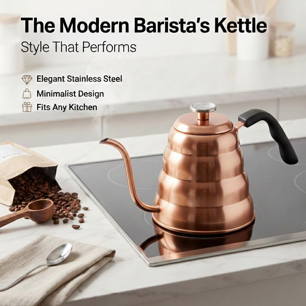 Barista Warrior Gooseneck Kettle with Thermometer - 1.2L Pour Over Coffee & Tea Kettle, Copper Coated Stainless Steel Gooseneck Kettle Pot, Precision Pour Drip Spout, Suitable for All-Stoves (40 floz)