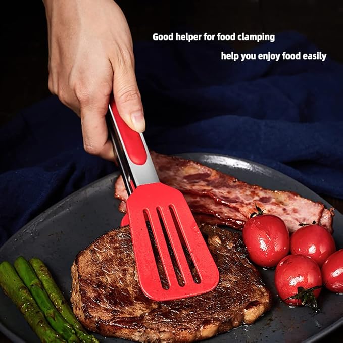Enrunnig Silicone Tip Kitchen Tongs - 9 & 12 Inch with Locking Handle, Heat Resistant Stainless Steel for Grilling, Serving, BBQ, Non-Stick Pans (Black & Red)