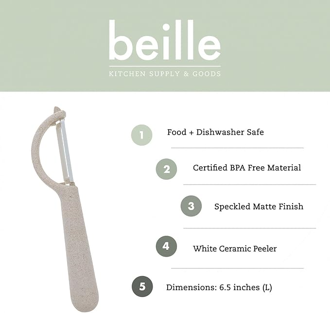 Beille Wheat Straw Vegetable Peeler with Ceramic Blade, 6.5 Inch Eco Friendly Kitchen Gadget, BPA Free Food Prep Tool, Dishwasher Safe Potato Apple Carrot Peeler