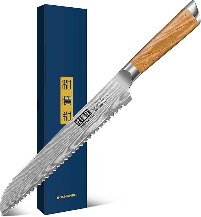 HOSHANHO Damascus Bread Knife 8", Sharp Serrated for Homemade Sourdough