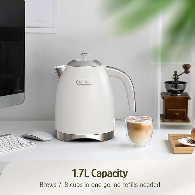 Hazel Quinn Electric Kettle 1.7 Liers(57oz) Stainless Steel, Pearl White