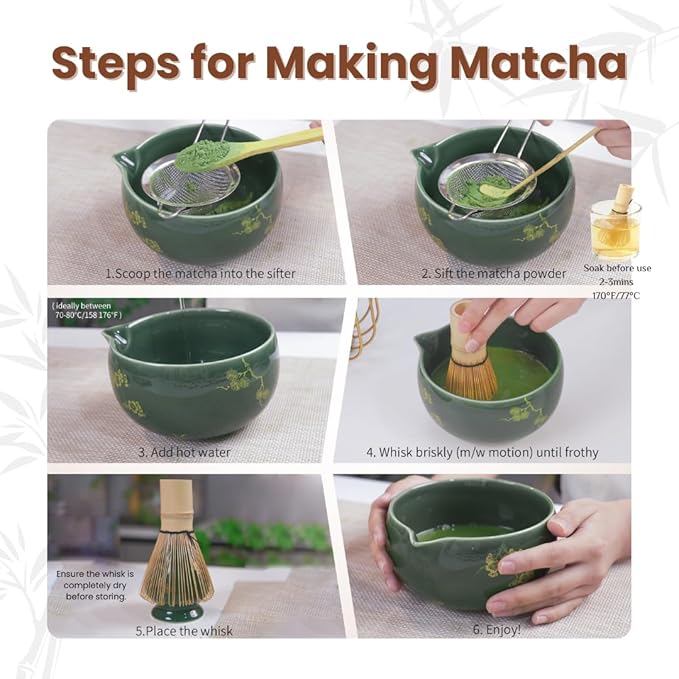 CyaLivoo Matcha Whisk Set, 8 Pcs Gold Plum Blossom Matcha Kit for Japanese Tea Ceremony, Ceramic Bowl with Spout, Bamboo Whisk, Spoon, Scoop, Sifter, Towel, Gift for Beginners and Matcha Lovers(Green)