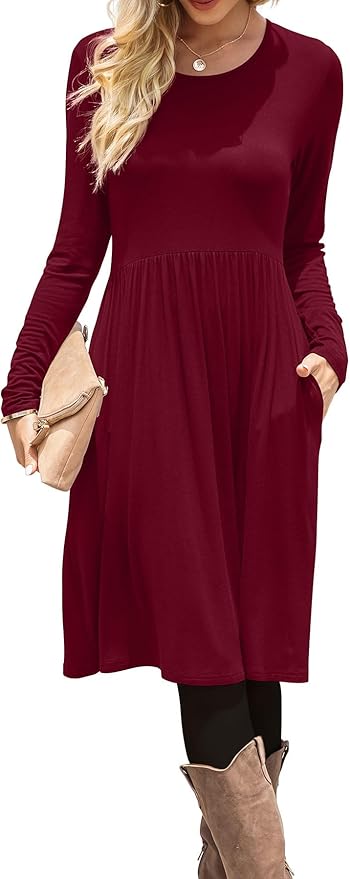 DB MOON Women Casual Long Sleeve Dresses Empire Waist Knee Length Loose Dress with Pockets (Wine Red, S)
