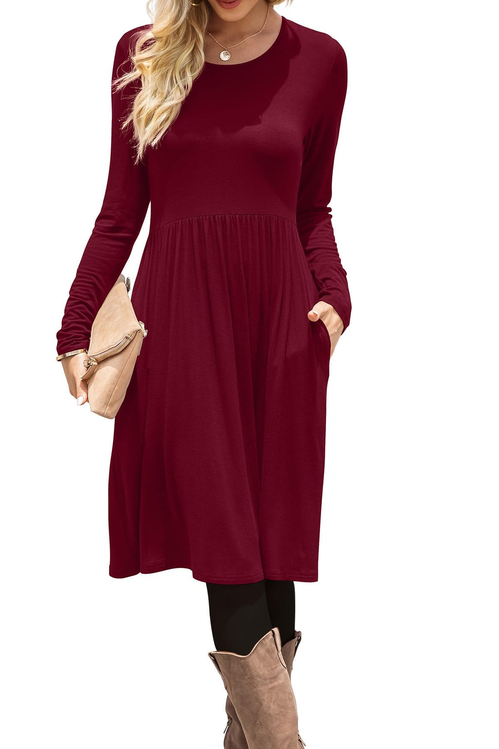 DB MOON Women Casual Long Sleeve Dresses Empire Waist Knee Length Loose Dress with Pockets (Wine Red, S)