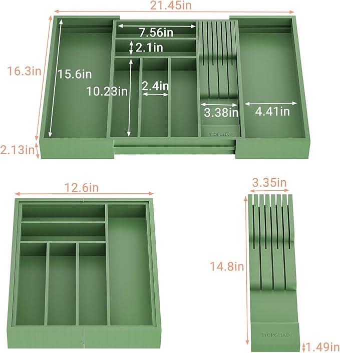 TIOPGHAD Expandable Bamboo Silverware Drawer Organizer Tray, Grayish Green