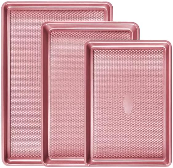 Sakerplus Nonstick Baking Sheet Pan Set of 3, Heavy Duty Cookie Sheets for Oven, 0.6mm Thick Quarter Size & Half Size & Jelly Roll Pan, Rustproof & Easy Clean with Textured Surface(Pink)