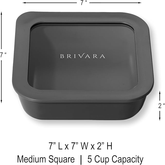BRIVARA HOME Glass Food Storage Container with Lid, 5-Cup Medium Square | Microwave-Safe Airtight Lid, Oven-Safe Ceramic-Coated Glass | Zero Plastic, No PFAS/PFOA/BPA, Reusable [Onyx]