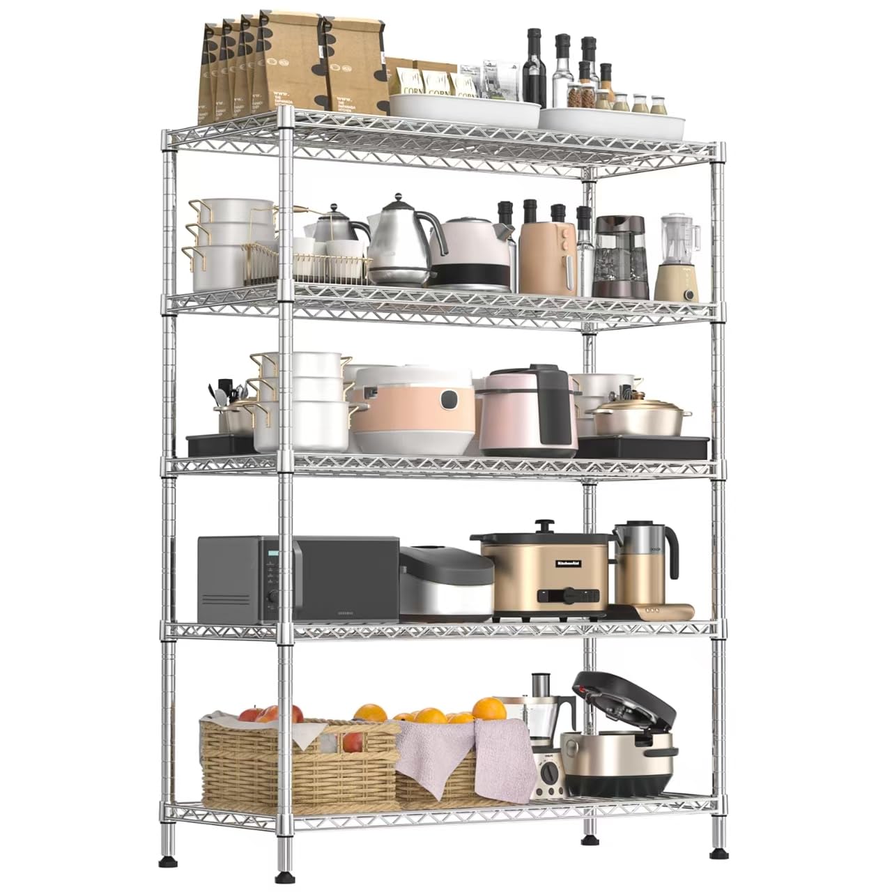Land Guard 5 Tier Chrome Storage Racks and Shelving - 48" L x 20" W x 72" H Heavy Steel Material Pantry Shelves - Each Unit Loads 350 Pounds Wire Shelf, Suitable for Warehouses, Closets, Kitchens