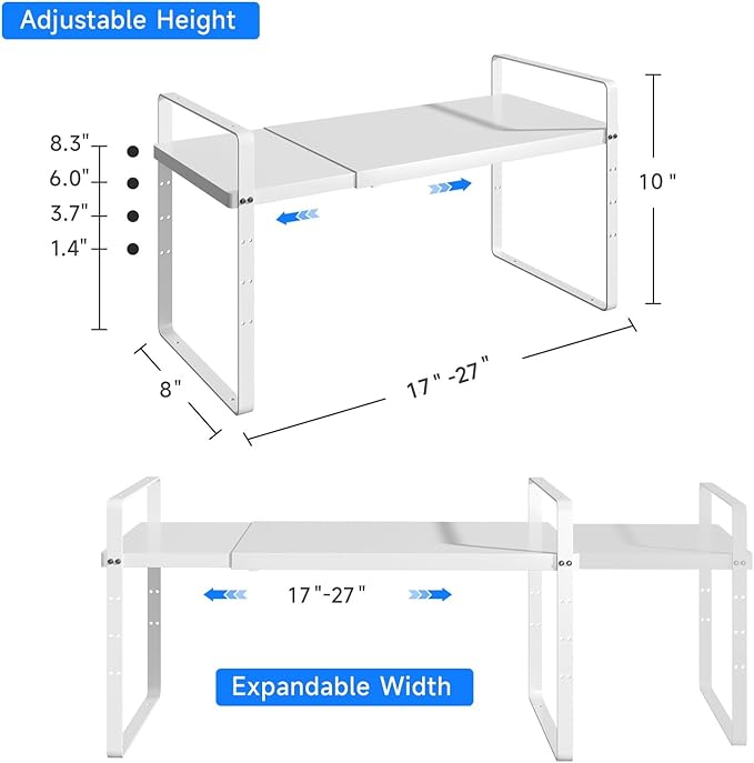 KIKIBRO Expandable Cabinet Shelf Organizer, Stackable Kitchen Pantry Counter Storage, Adjustable Closet Cupboard Stand Rack Risers Spice Organization 80LBS Heavy Duty White Small 1 Pack