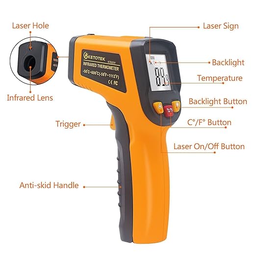 Ketotek Digital Infrared Thermometer Temperature Gun -58°F to 1112 °F(-50°C to 600°C) Handheld Non Contact IR Laser Thermometer KT600Y for Cooking Meat Refrigerator Pool Pizza Oven BBQ Food