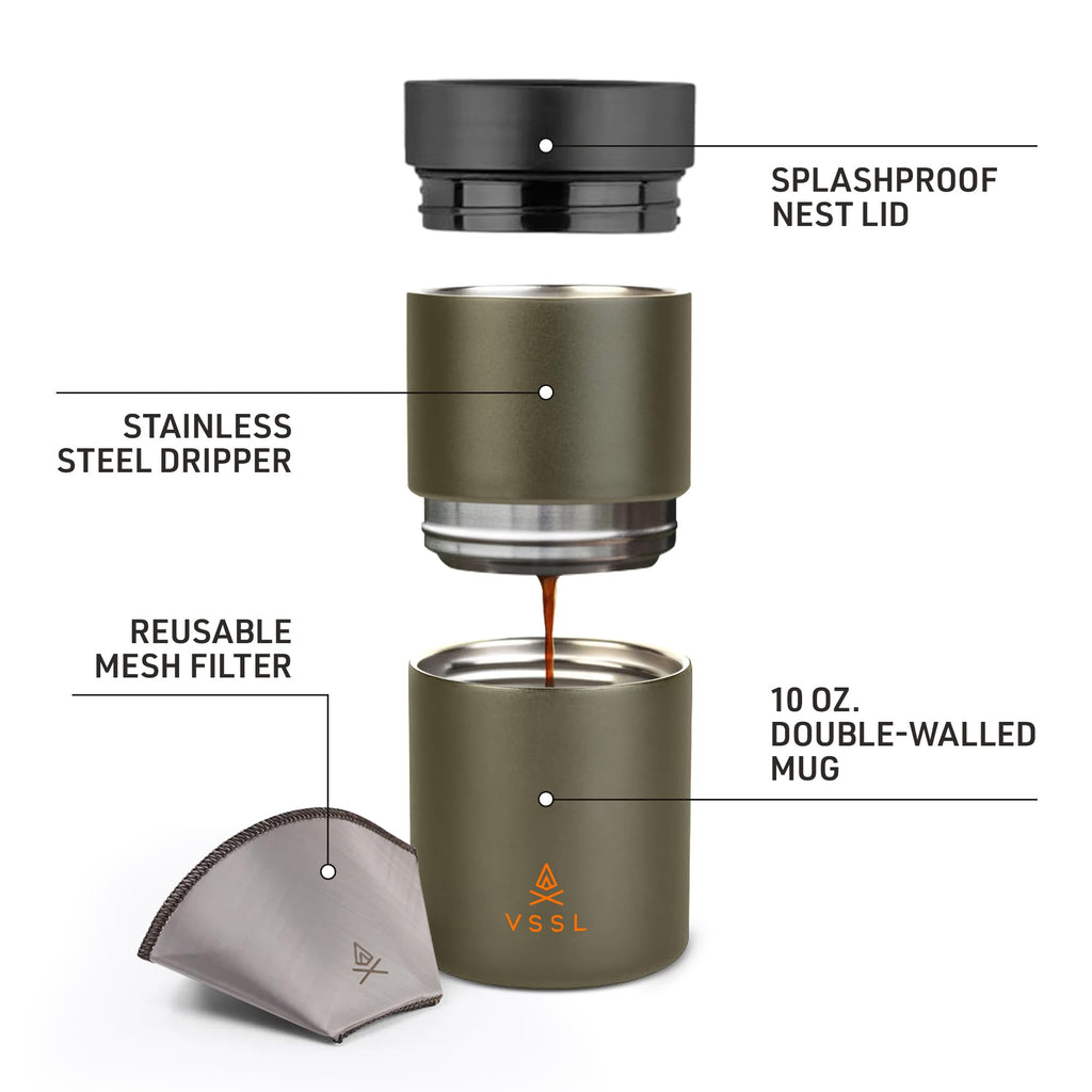 VSSL - Nest Pour Over Coffee Set | Coffee Maker for Camping | All-In-One Travel Pour Over | Transportable Dripper, 10oz Stainless Steel Travel Mug | Compact Storage & Adventure Ready | Deep Moss