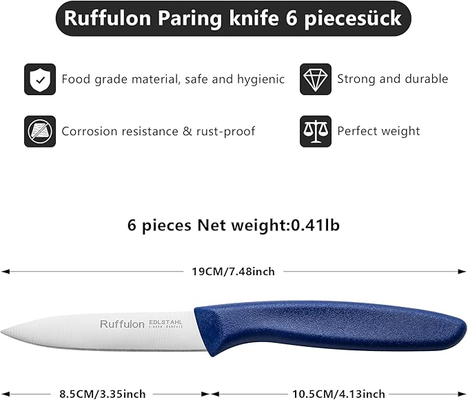 Ruffulon Paring & Fruit Knives Set of 6, Stainless Steel Sharp Blades,Blue.