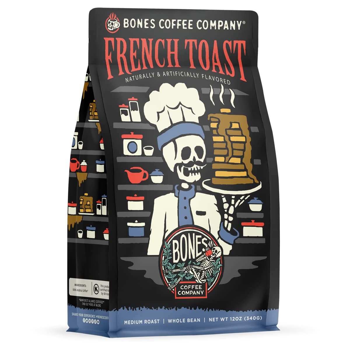 Bones Coffee Company Cinnamon Roll Flavored Coffee, Medium Roast Low Acid Arabica Beans Compatible with Auto drip and French Press Coffee Maker, 12 Oz Ground