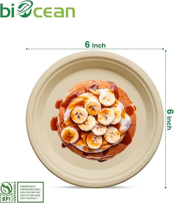 biocean 6 Inch Compostable Plates 100 Pack Heavy Duty Compostable Paper Plate, Disposable Eco-Friendly Sugarcane Bagasse Plate, Natural Brown Plates for Dinner, Dessert, and Weddings