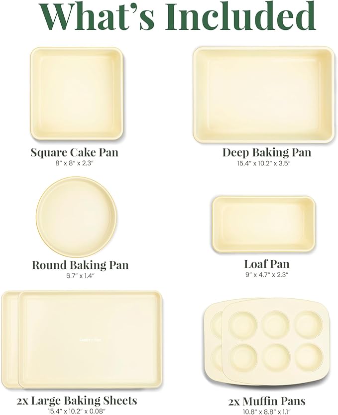 Larder & Vine 8-Piece Stackable Bakeware Set, Ceramic-Coated Nonstick Baking Pan Set, Non-Toxic, with Baking Sheets, Muffin Pan, Loaf Pan & Cake Pans, Limoncello