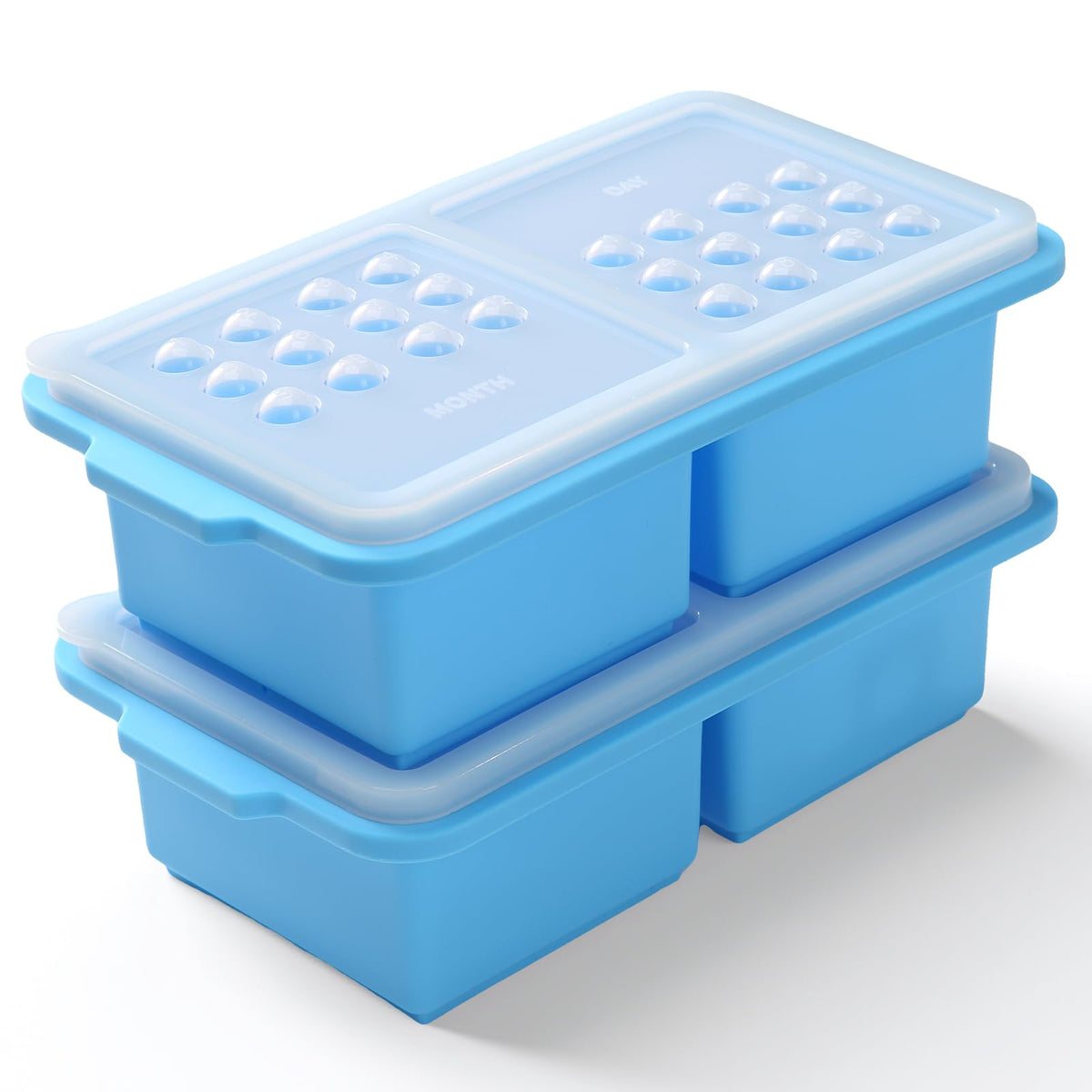 EuChoiz 2 Pack Silicone Freezer Tray Cubes 2 Cup with Date Mark Lids for Freezing Food Leftovers Sauces Portion and Lasagna Broth, Soup Freezer Molds for Meal Prepping Thick Enough