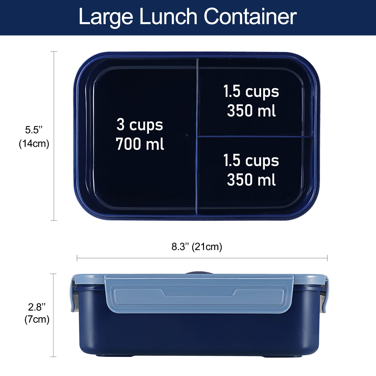 Caperci Classic Bento Box Adult Lunch Box for Older Kids - Leakpoof 47 oz 3-Compartment Containers for Adults and Teens, Built-in Utensil Set, Ideal for On-the-Go Balanced Eating, Navy Blue