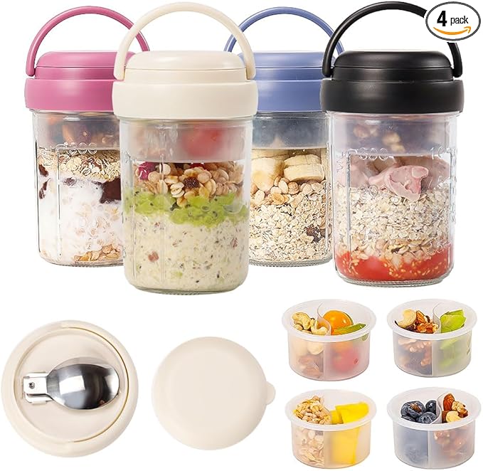 UWILLION 4 Pack Overnight Oats Containers with Handles, 16 oz Glass Mason Jars with Lids, Folding Spoons & Topping Compartments, Yogurt Parfait Cups for Weekly Meal Prep, Chia Pudding & Snacks