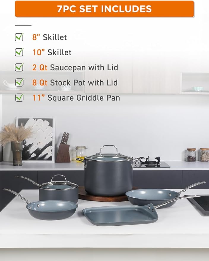 Commercial CHEF 7-Piece ECOPAN Hard Anodized Aluminum Cookware Set, CHECO7