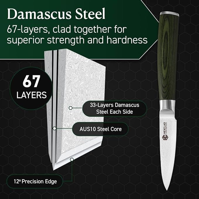 HexClad 3.5" Japanese Damascus Stainless Steel Paring Knife, Full Tang