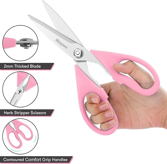 iBayam Pink Kitchen Scissors All Purpose Heavy Duty & Comfort Grip & Cover