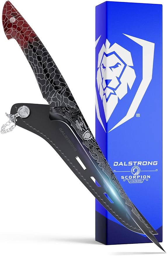 Dalstrong 7" Fillet Knife — V12 Ultra™ Steel — Hardest Build — For Filleting Fish, Boning & Precision Protein Work — Black & Red Damascus, Honeycomb Handle, Scorpion, customer support