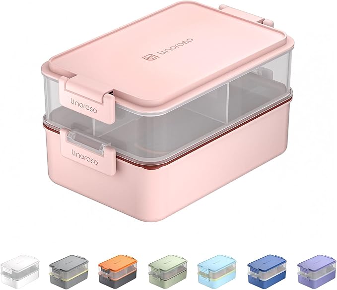 linoroso Stackable 2-Tier Adult Bento Box, 4 Compartments - Frozen Berry