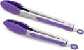 2 Pack Silicone Kitchen Tongs – 9" & 12" Set, Heat Resistant up to 500°F, Non‑Stick Cookware Safe, Wavy Silicone Tips, BPA Free, Locking Clip & Hanging Loop, Purple