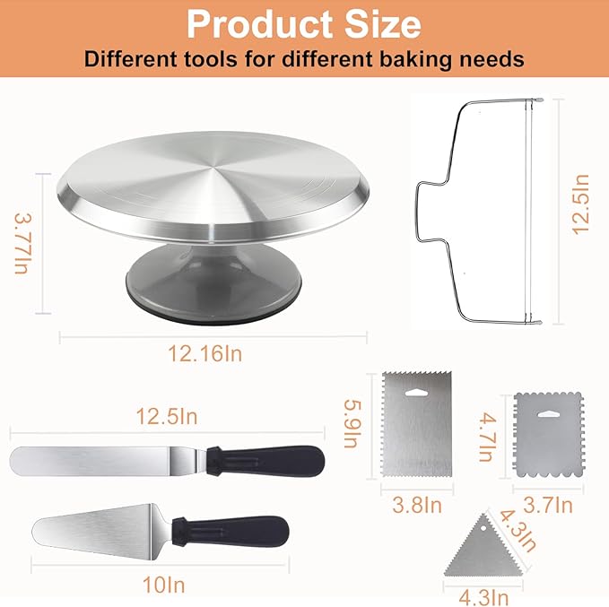 hvominxs Aluminium Cake Turntable Set with Revolving 12 Inch Cake Stand for Decorating, Offset Spatula, Cake Server, Stainless Steel Frosting Icing Smoother, Pastry Bags and Other Baking Tools（16Pcs）