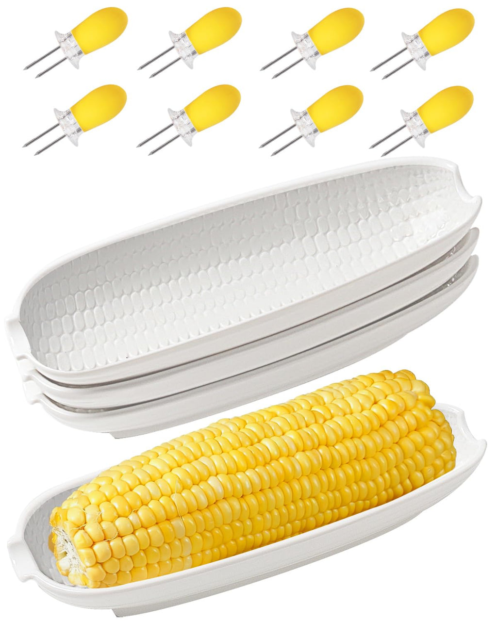Ceramic Corn Cob Holders, 9" Corn on the Cob Dishes Set of 4, White Corn Cob Dishes with Non-Slip Bottom, With 8 Corn Cob Holders, Microwave Dishwasher Oven Safe