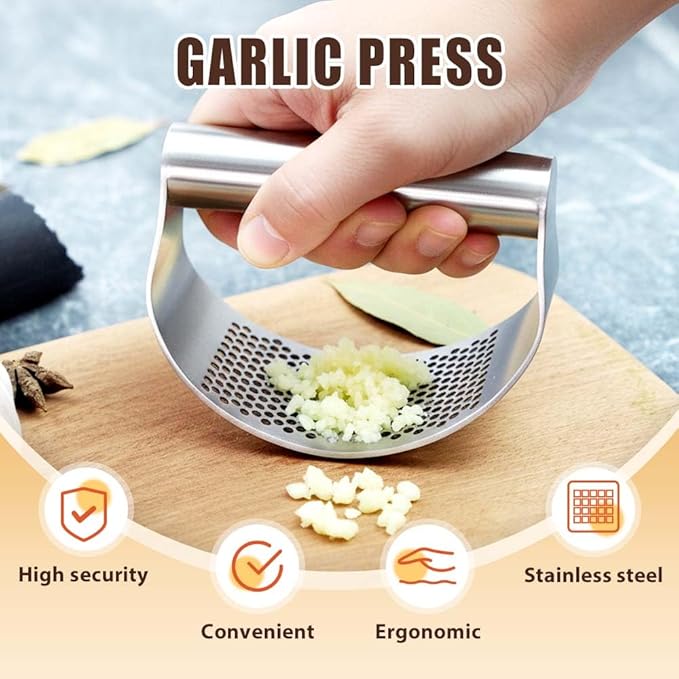 Stainless Steel Garlic Press, 2026 Upgrade Garlic Press Rocker Heavy Duty Stainless Steel Garlic Mincer, Heavy Garlic Chopper with Peeler And Cleaning Brush (2PCS With Corkscrew)