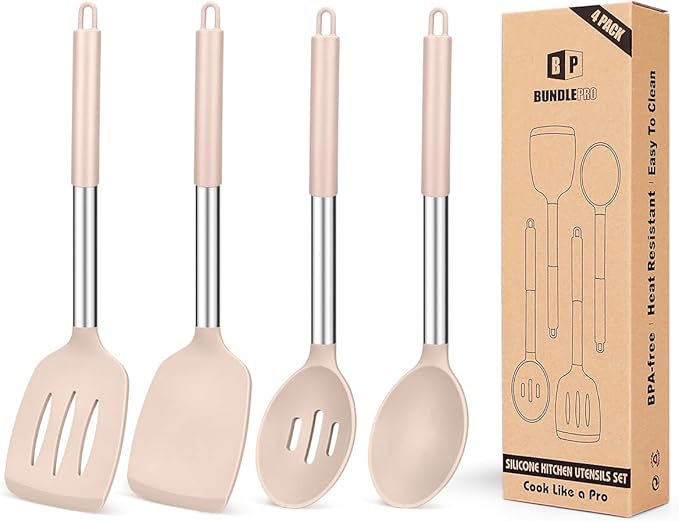 Pack of 4 Silicone Cooking Utensils Set, Non Stick Large Solid Spatulas, Heat Resistant Gray Slotted Spoons, Ideal BPA Free Kitchen Turners for Frying, Mixing,Serving,Draining,Turning,Stirring
