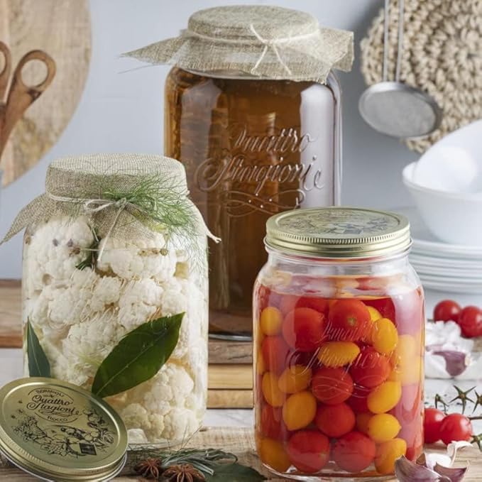 Bormioli Rocco Quattro Stagioni Mason Jar - 50.75 Oz. One-Piece Twist Top Lid, Beehive Motif - Ideal for Canning, Fermentation & Dry Storage - Embossed Glass Container, BPA-Free, Made in Italy
