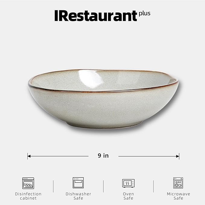 Organic Shape Highland Ceramic Serving Bowl, 12pcs 9 Inch Handmade Reactive Glaze Stoneware 40oz Bowl with Wavy Edge, for Kitchen, Microwave & Dishwasher Safe, Scratch Resistant-grey